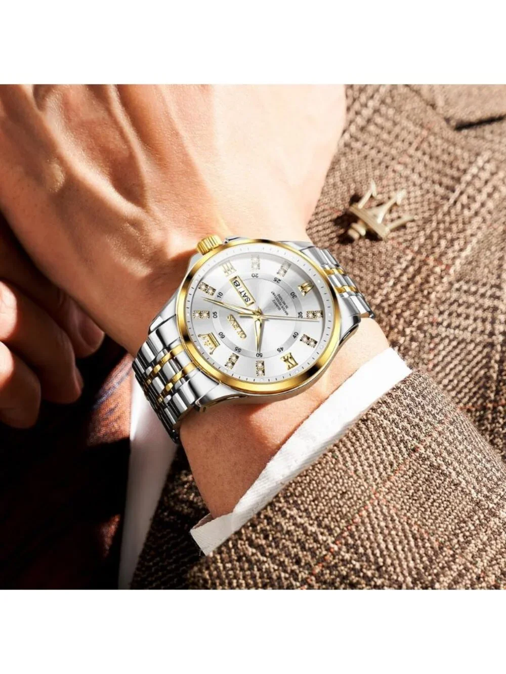 Mens Silver Gold Diamond Stainless Steel Waterproof Luminous Luxury Analog Watch